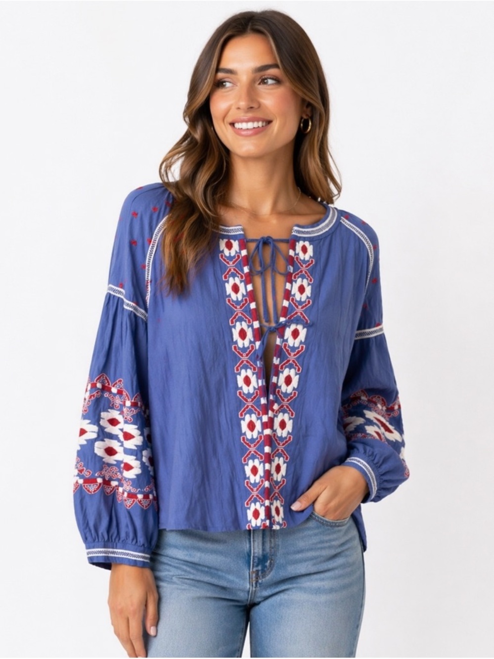 NWT Anthropologie RD & Koko Blue Embroidered Tie Front Boho Blouse Size L